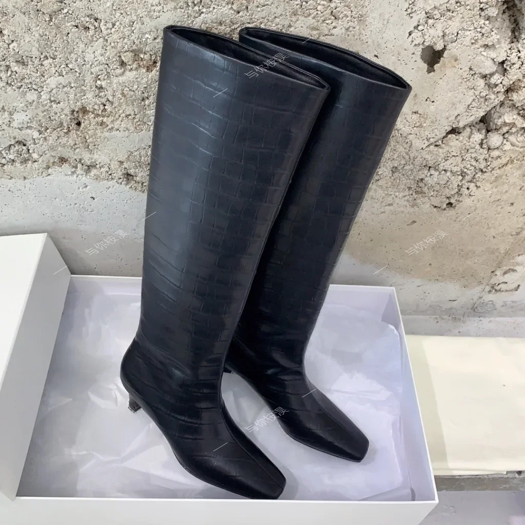 

Sexy Kitten Heels Knee High Boots Women Genuine Leather Runway Shoes Women Square Toe Slip-on High Heels Long Boots Woman Boots