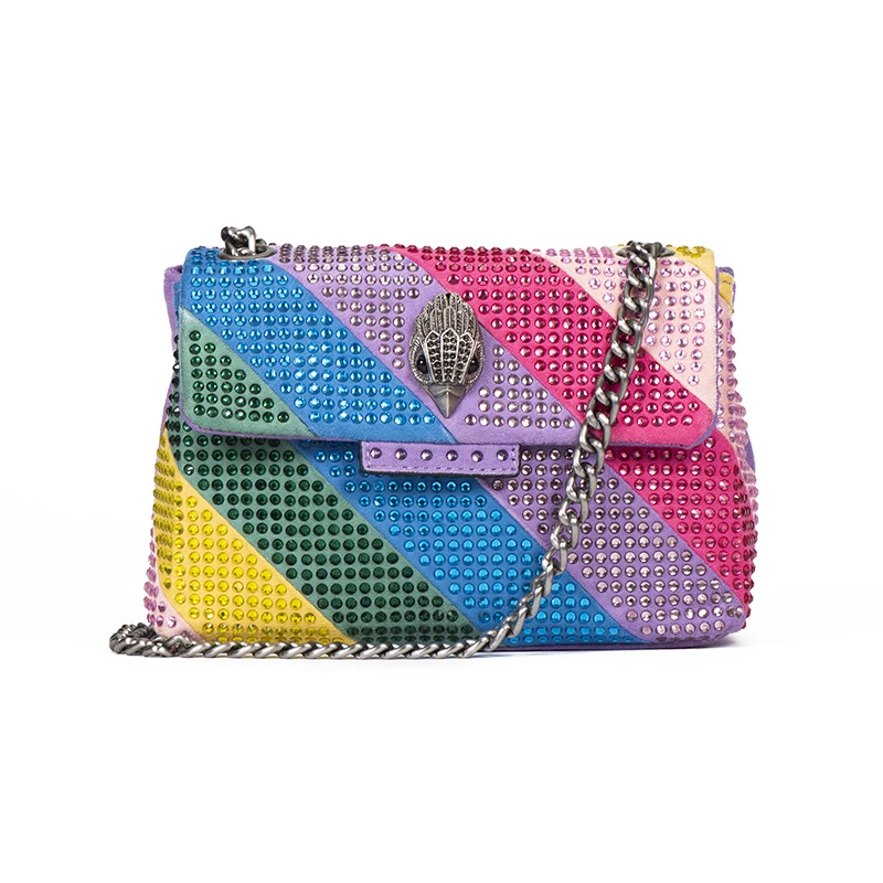 New Design Fabic Women Bag Crystal Embellishment  Quilting Pattern Rainbow Purple Patchwork Jointing Purse