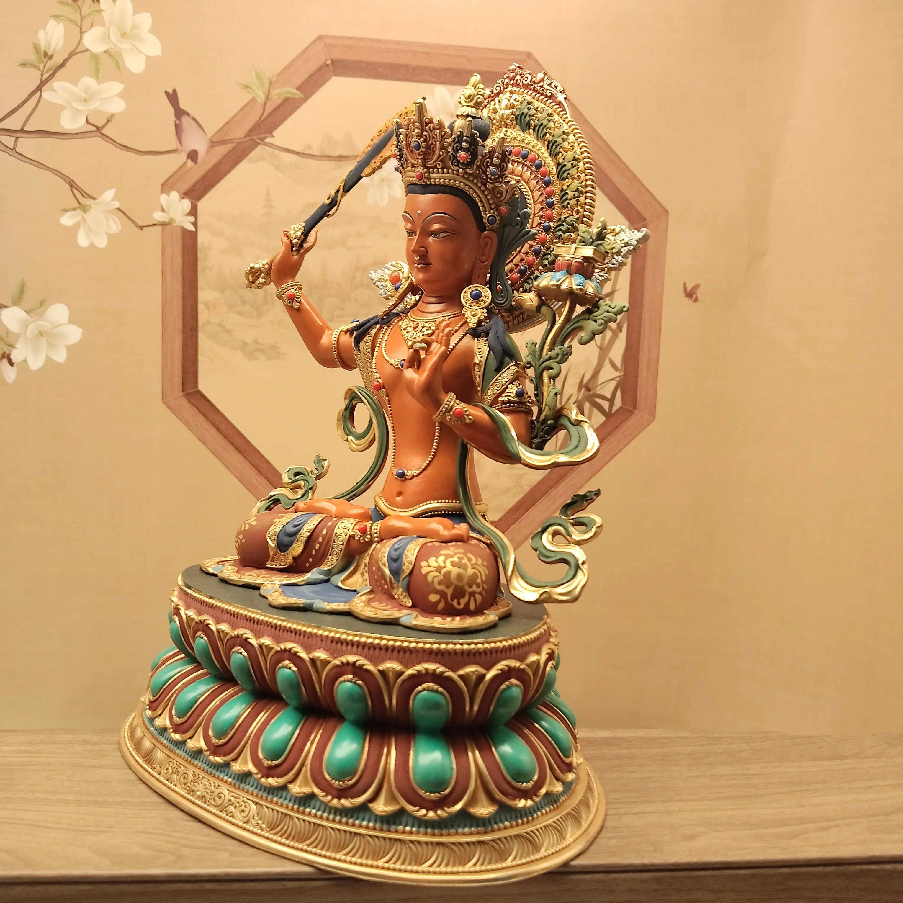 Nepal Full Painted Manjushri Bodhisattva with Sword Statue 23cm Home Office Altar Wisdom