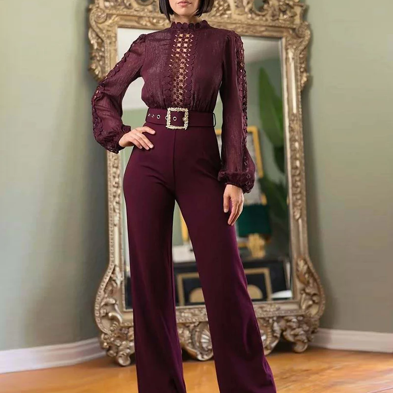 

Lady Solid Color Slim Long Sleeve Playsuits Overalls Elegant O-neck Commute Rompers Temperament High Waist Hollow Out Jumpsuits