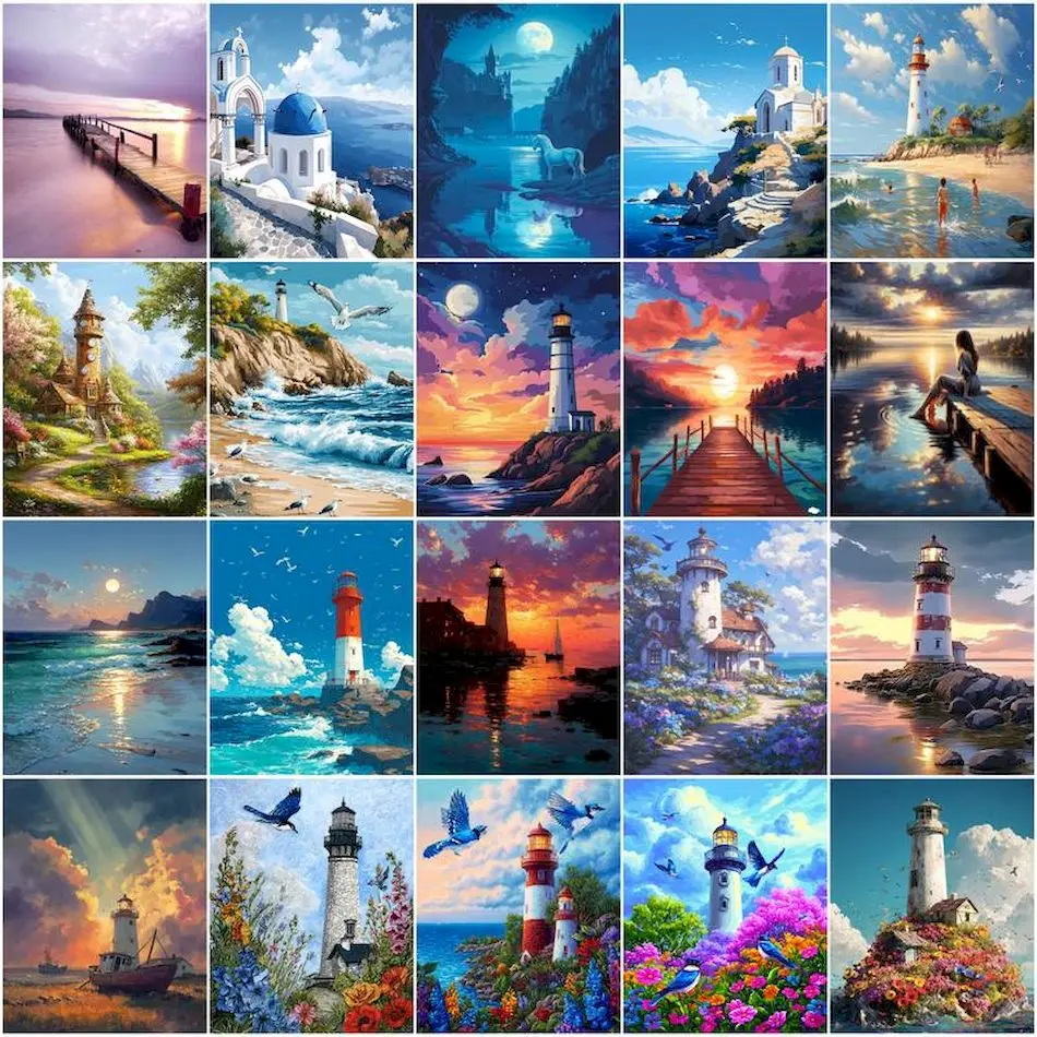 

GATYZTORY Painting By Numbers With Canvas Frame Coloring For Adults Seascape Lighthouse Color Markers Drawing On Canvas Decor