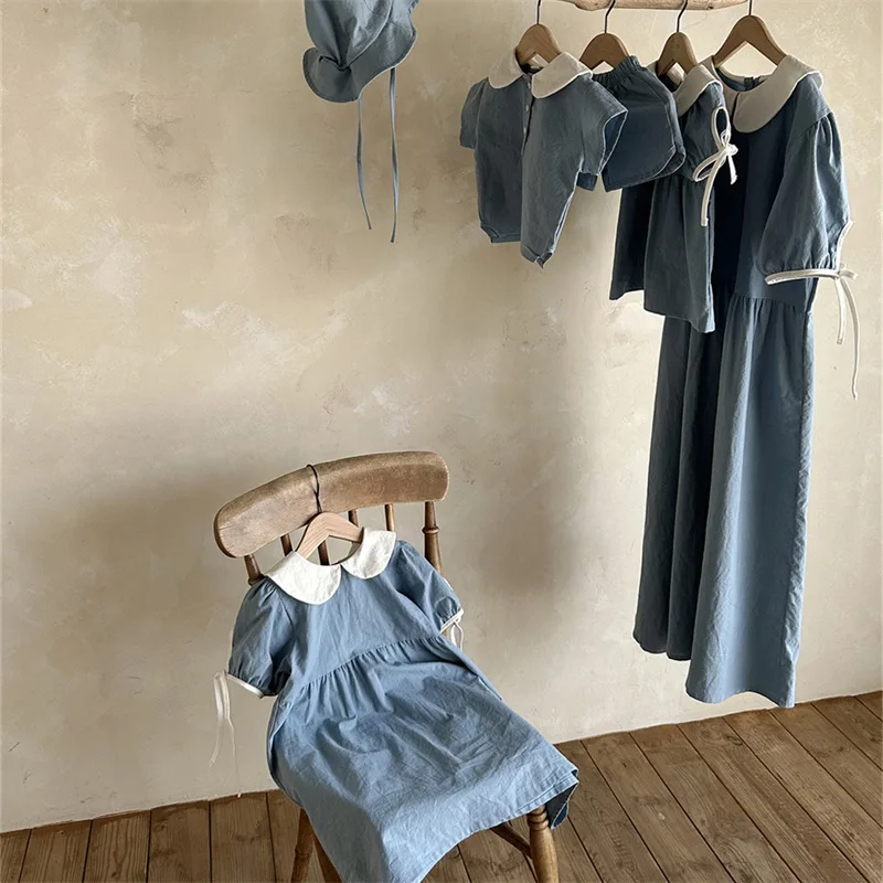 Summer Mother Kids Matching Outfits Girl Short-sleeved Dress Baby Boy Girl Cotton Set Sister Brother Look Baby Birthday Outfit