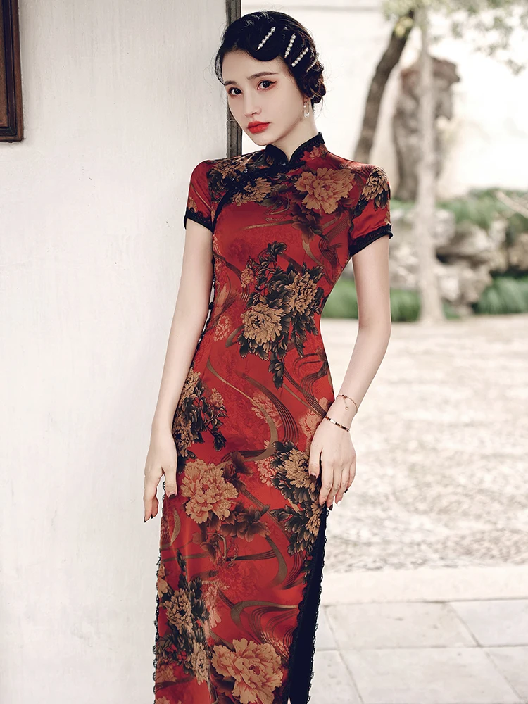 

Сексуальное ципао для молодых девушек, с высоким разрезом, для повседневной носки, в этническом стиле, длинное, из высококачественной полиэстеровой ткани.