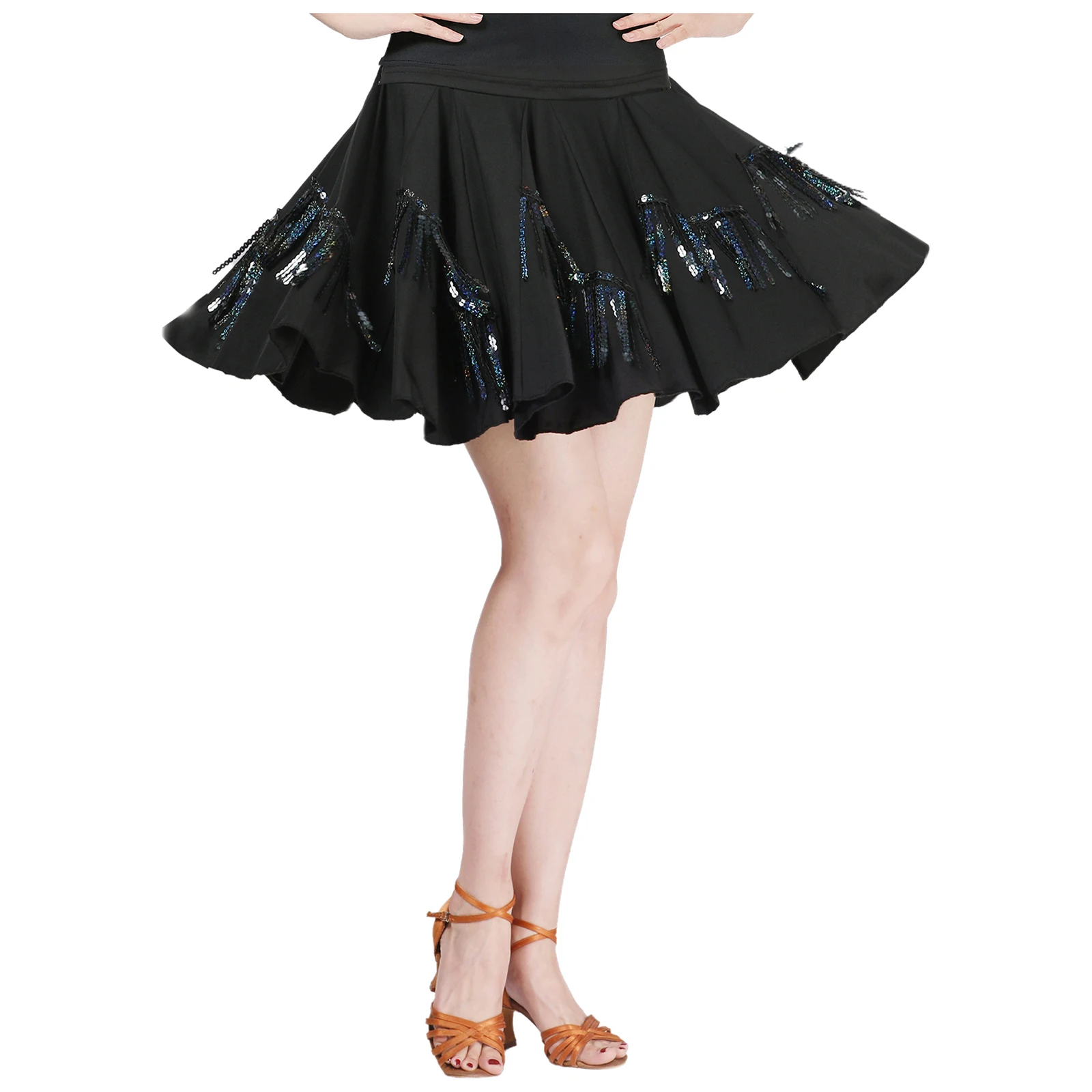 

Womens Lyrical Gymnastics Latin Skirt Sequin Tassel Large Swing Elastic Skirt Latin Jazz Dancewear for Dance Stage Performance