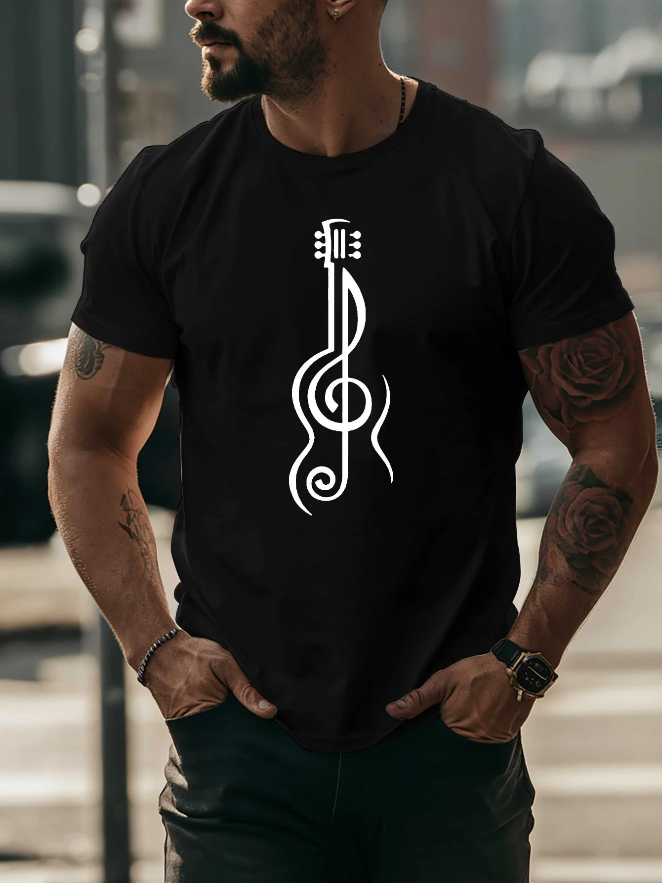 Music Lover Mens Crew Neck Cotton T Shirt Treble Clef Guitar Art Print Short Sleeve Musical Instrument Casual Street Fashion Top