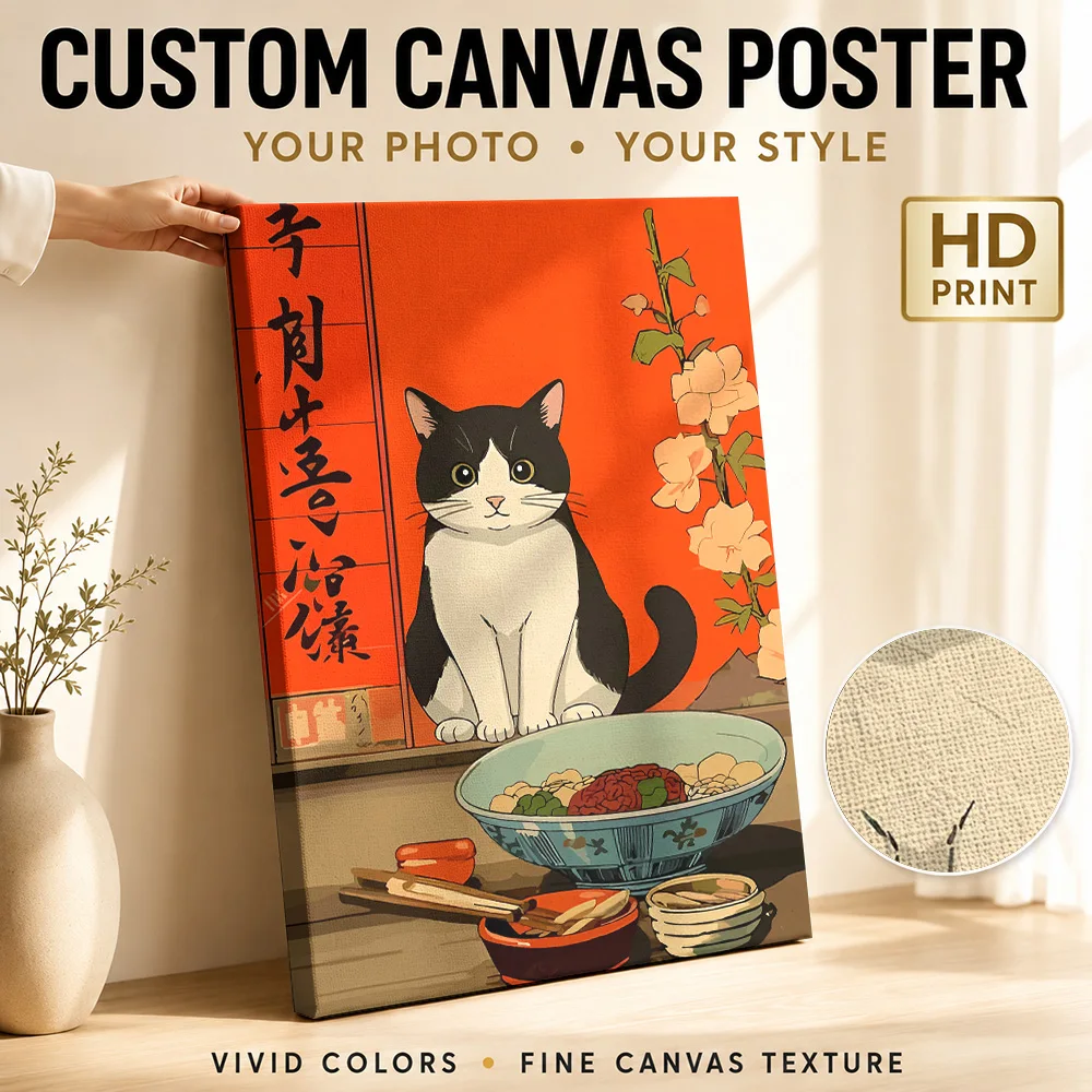 Cat with Noodles and Asian Calligraphy Canvas Poster Personalized Photo Funny Animal Wall Paintings Decoration for Living Room