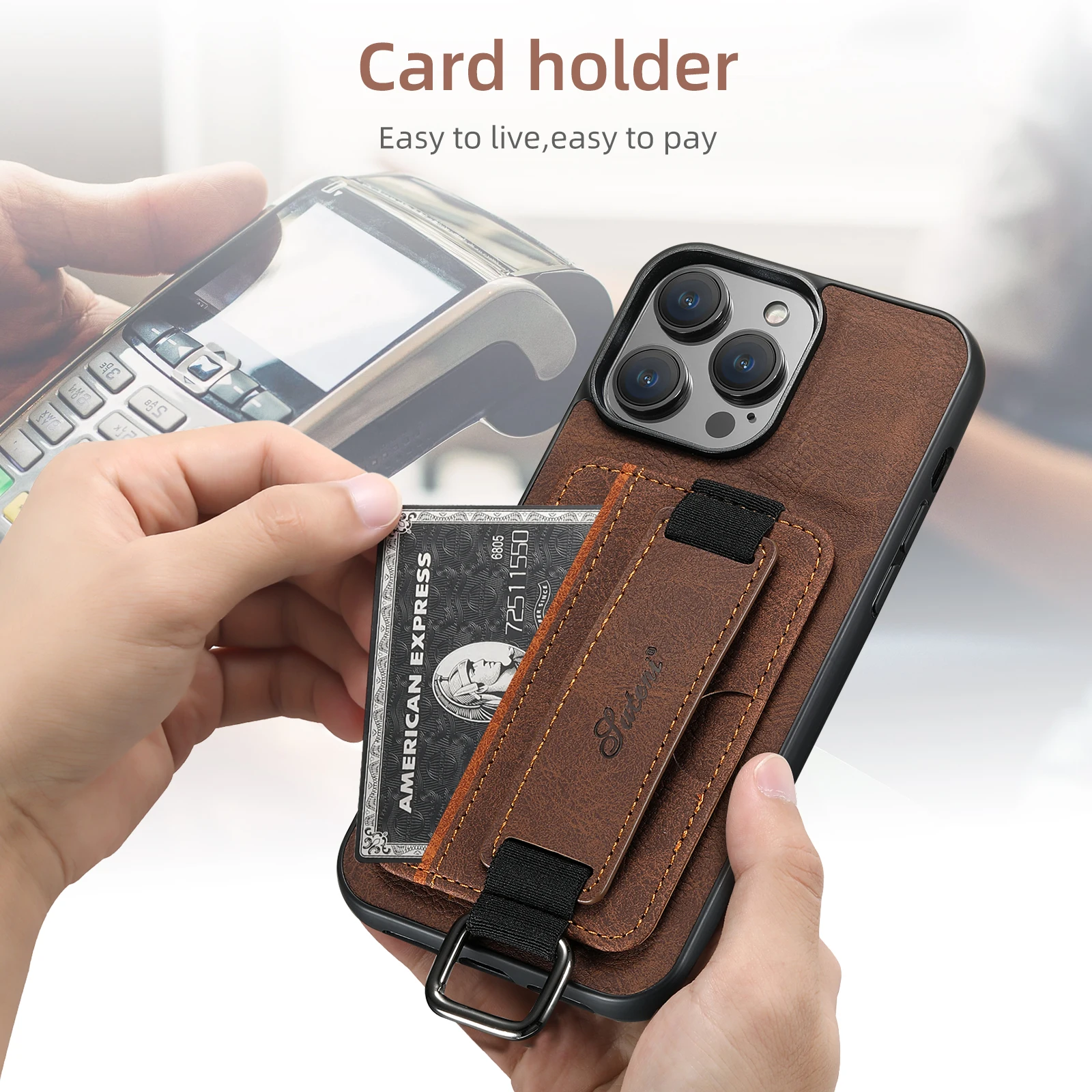 SUTENI Luxury Leather Card Holder Phone Case Wrist Strap Wallet for iPhone 17 16 15 14 13 12 11 Pro Plus Max X Xs XR