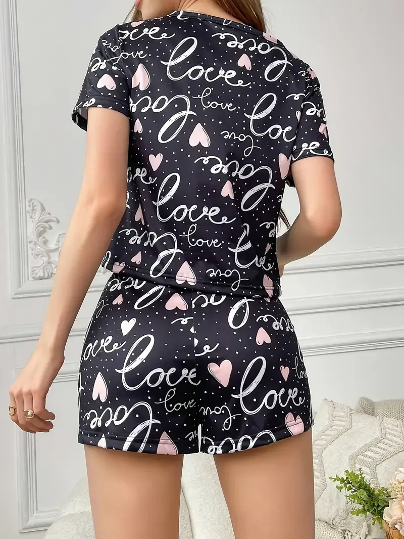 Women's Cute Heart Letter Print Casual Set, Short-Sleeved Round-Neck Top and Pants, Suitable for Everyday Wear