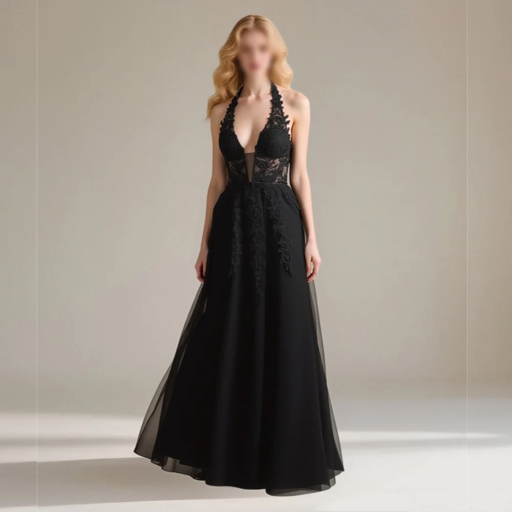 

Customized Net Pleat Lace Halter A-line Backless Black Long Dresses Bespoke Occasion Woman Elegant Party Wedding High Quality