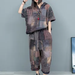 Printed Patchwork Old Fabric Hooded Short Sleeved Top + Cropped Pants Two-piece Set Women 2024 Summer Pant Set LX1003