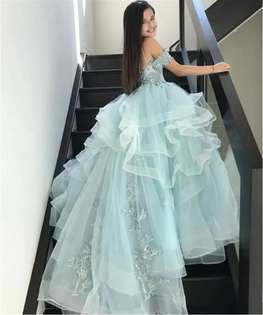 

Luxurious Off Shoulder Flower Girl Wedding Dress Appliques Thin Straps Ruffles Girls Birthday Pageant Party Princess Dress