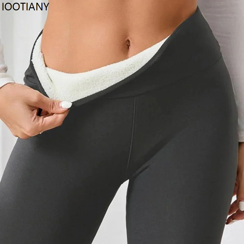 Fashionable Winter Thickened Plush Warm Elastic Pocket Women's Pants Solid Color High Waist Tight Leggings Cold-proof Yoga Pants