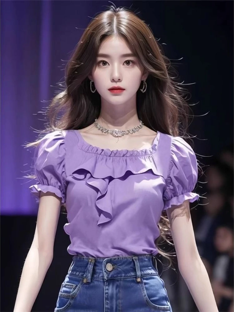 

Solid Color Shirts Square Collar Puff Sleeve Tops Ruffles Patchwork French Design Blouses Fashion Sweet All Match Women Clothing