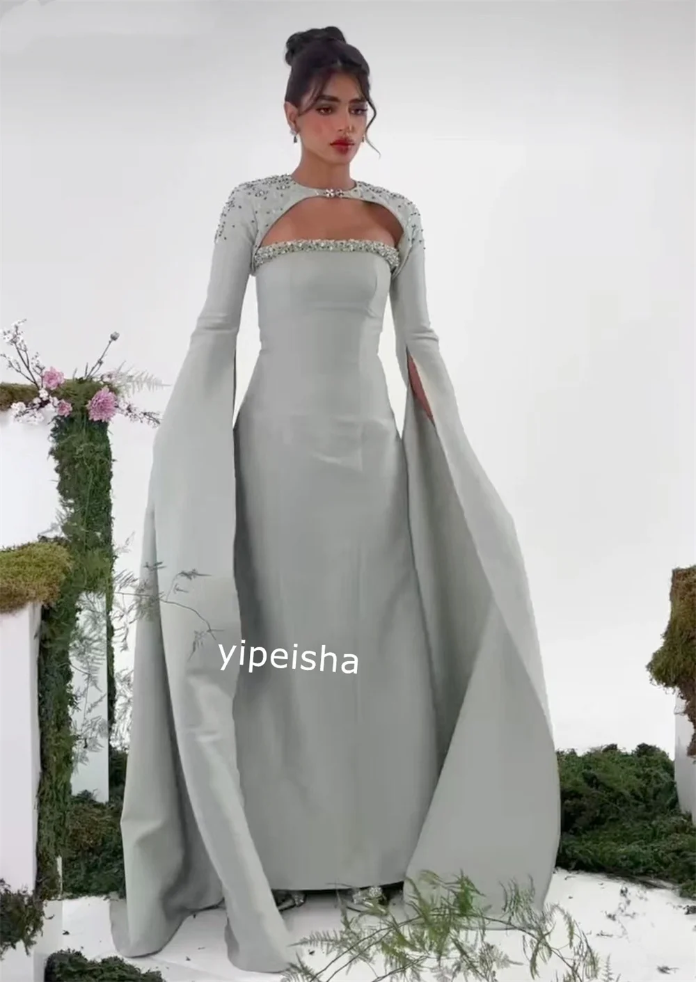 Jiayigong     Satin Beading Christmas A-line O-Neck Bespoke Occasion Gown Long es Saudi Arabia