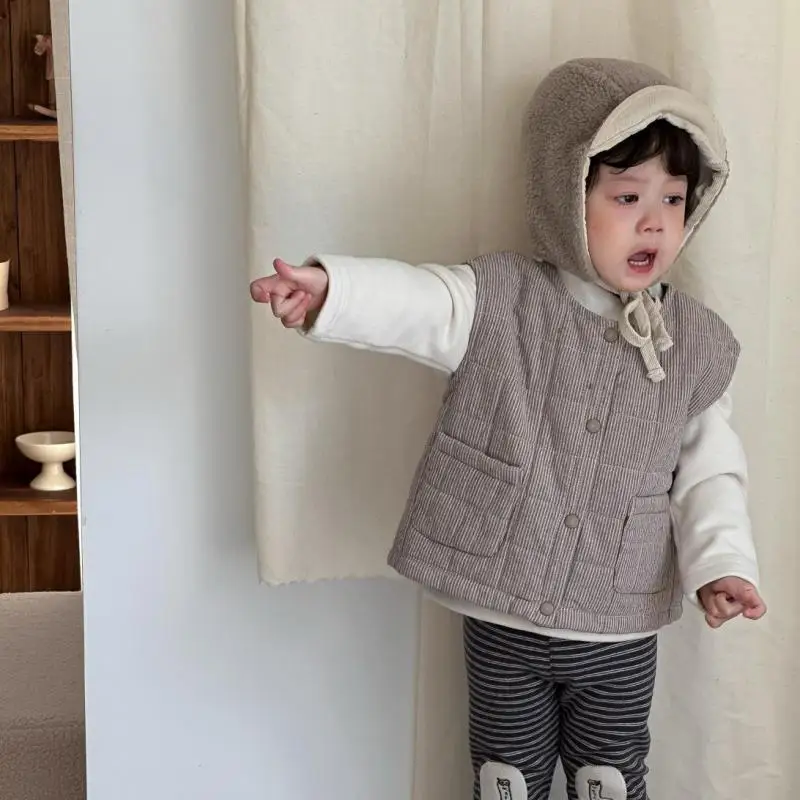 

2025 Winter New Baby Sleeveless Warm Vest Plus Velvet Thick Infant Boy Girl Cotton Padded Jacket Toddler Striped Vest Cardigan