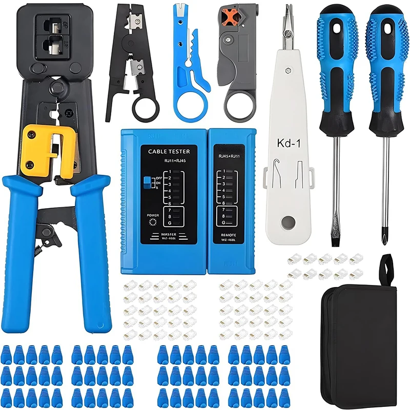 Linkwylan Network Tool Kit Pass Through RJ45 Connectors Crimping Punch Down Cable Tester Stripper Cutter Screw In Nylon Bag