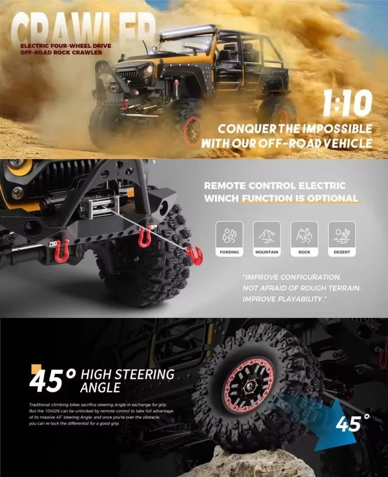 1:10 53CM Smart Fixed Speed Cruise High Speed Remote Control Truck 2.4G LED Lighting 4WD Electric Winch Off Road RC Car Truck