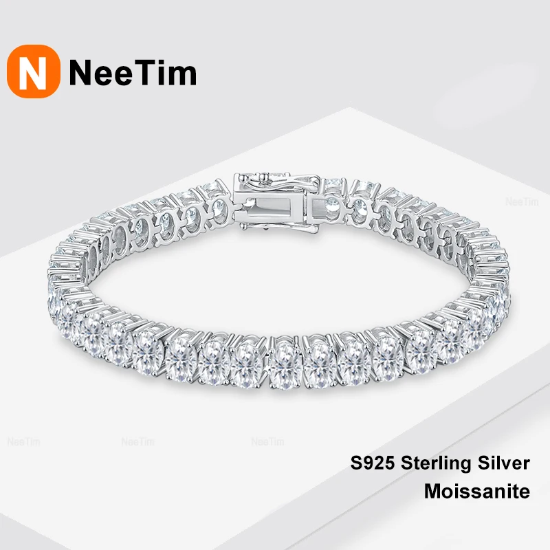 NeeTim Full Oval Cut Moissanite Tennis Bracelet Original s925 Sterling Silver with White Gold Plated Bracelets for Women Man