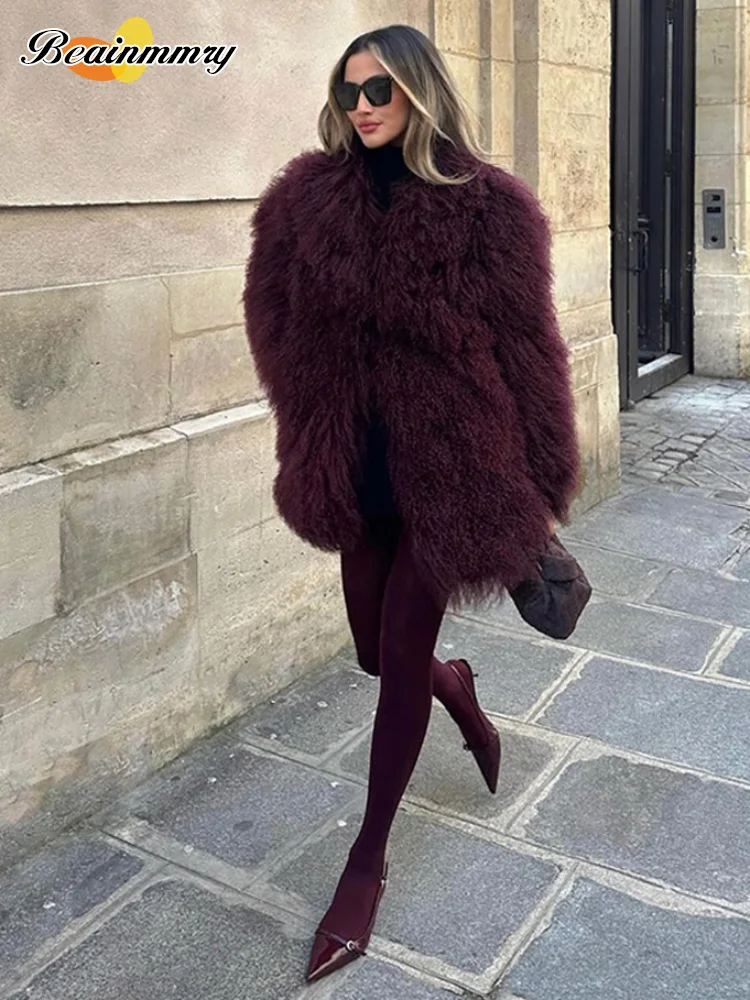 2024 New Fashion Wine Burgundy Furry Faux Fur Warm Women's Coats Thicken Fluffy Plush Loose Trendy Jacket Winter Lady Outerwear