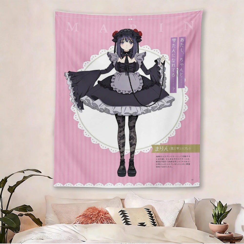 My Dress-Up Darling Marin Kitagawa Cosplay Tapestry, Gothic Lolita Anime Wall Hanging, Pink Background Cloth for Bedroom Dorm