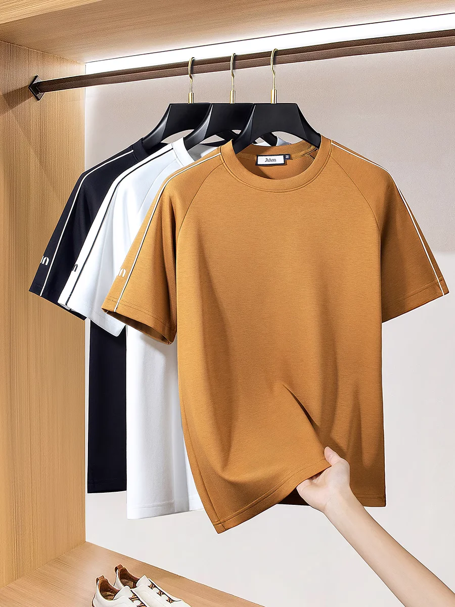 Summer fashion contrast color two-piece ice silk mask Air layer cotton Modal men short sleeve leisure sports set