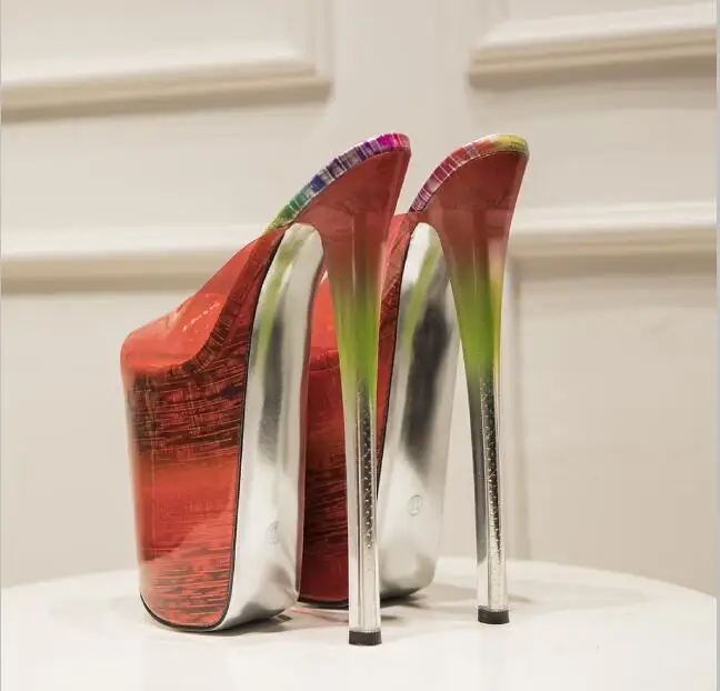 Summer Sandals 9 Inches Shoes Woman Shallow Mouth Slipper Peep Toe 22cm Thin Heels Pumps Steel Pipe Dance Stilettos Plus Size