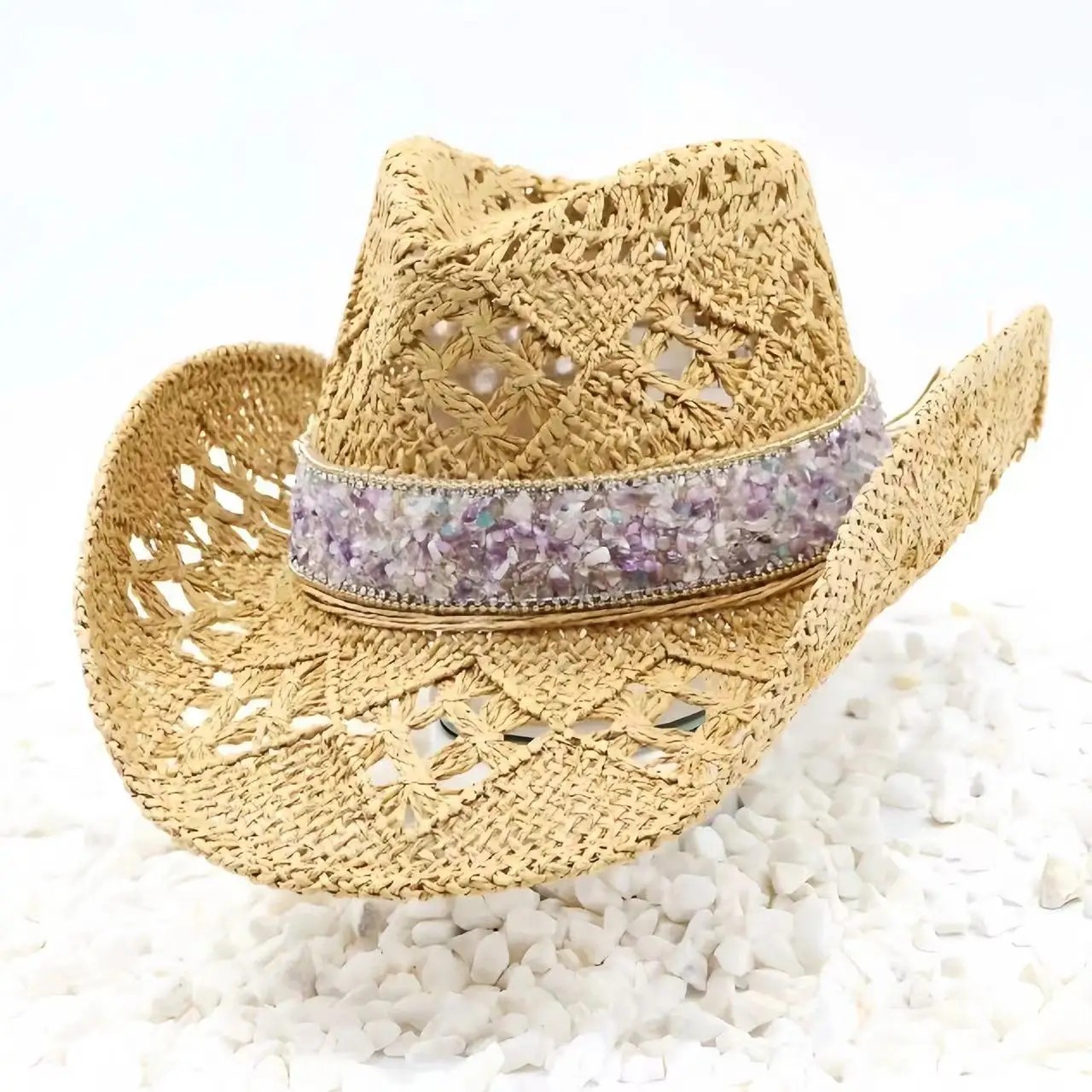 

Соломенная шляпа с кристаллами в стиле вестерн для женщин и мужчин, пляжная, винтажная, для вечеринок, летних фестивалей, кантри-музыки, головной убор