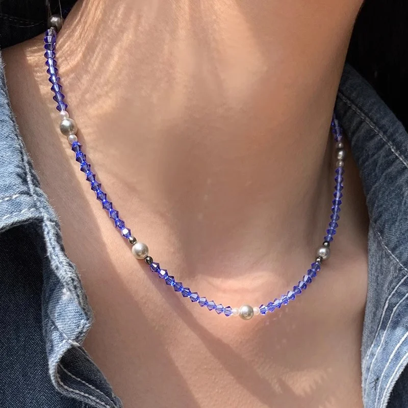 

Fashion Shiny Austrian Blue Crystal Pearl Bead Necklace for Women Vintage Exquisite Beautiful Banquet All-match Jewelry