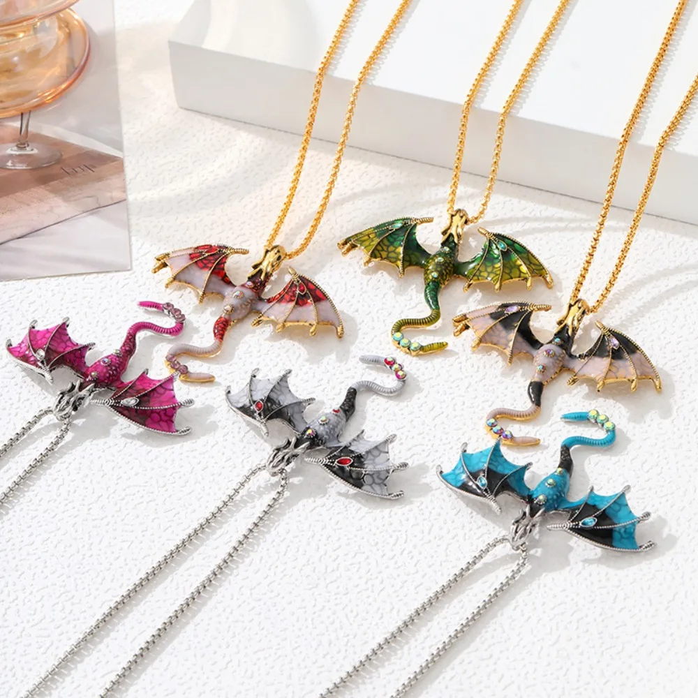 Gothic Enamel Flying Dragon Pendant Necklace for Women Men Colorful Rhinestone 2026 Halloween Fashion Jewelry Accessories Gifts