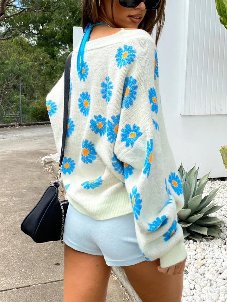 

Sweaters Cardigans For Women 2022 Street Style Floral Oversized Cardigan V Neck Long Sleeve Single Breasted Knitted Sweater