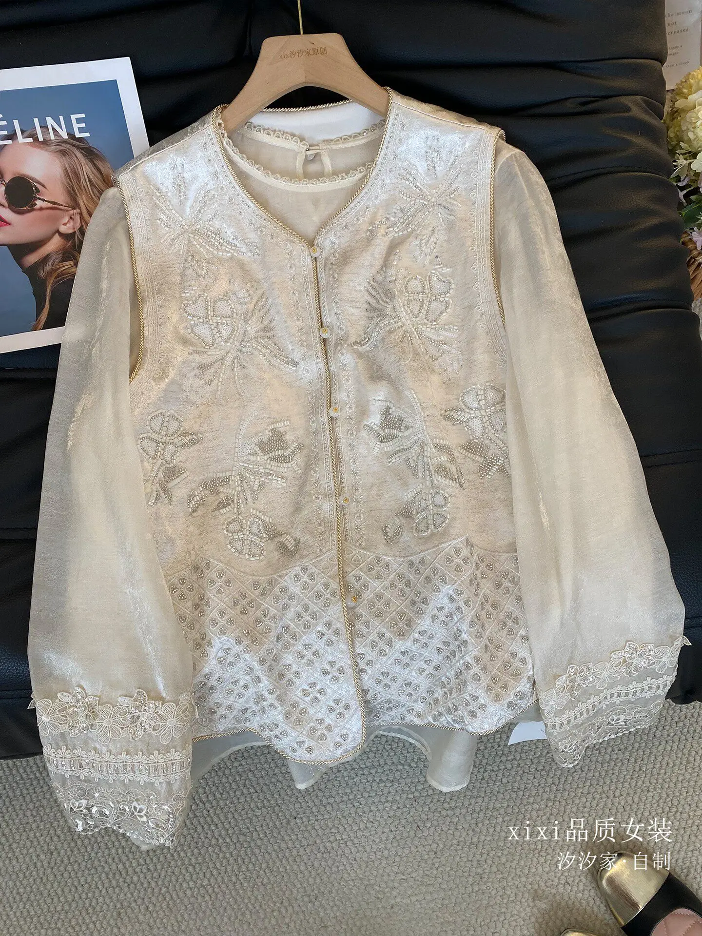 New White pink vest with beaded embroidery and layered  linen vest