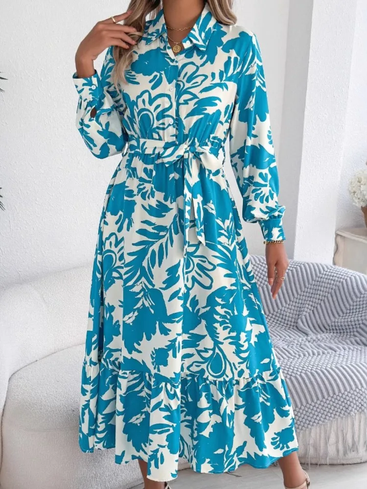 ฤดูร้อนผู้หญิงแฟชั่นชุดลําลองดอกไม้เสื้อแขนยาวชุด Ruffles Out วันหยุดสไตล์ชุด Office Lady เสื้อผ้า