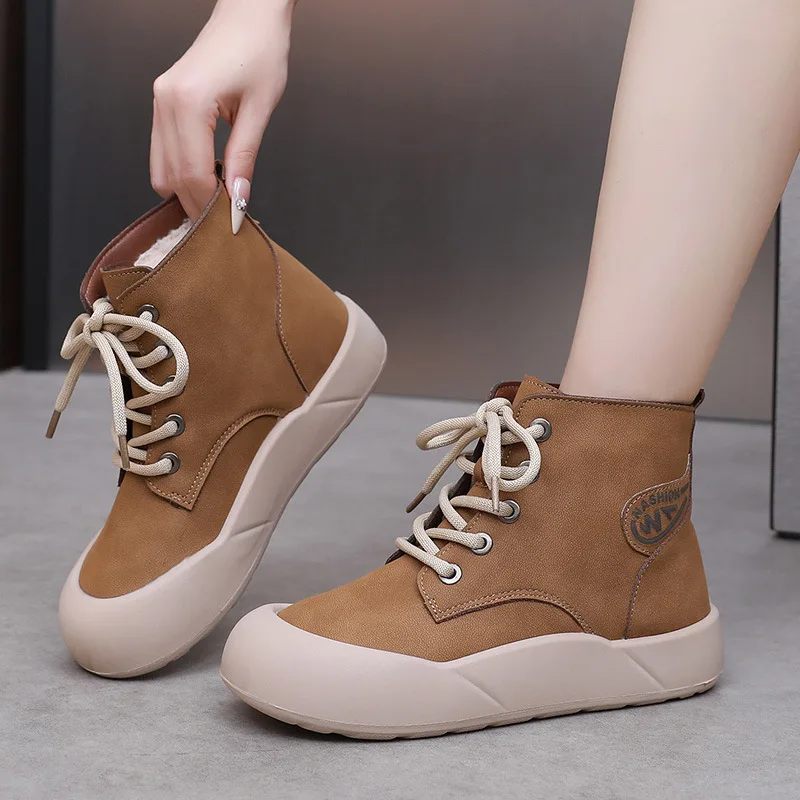 

Women's Winter Snow Boots Korean Plush Lined Anti-Slip Cotton Shoes Lace-Up Platform Short Ankle Boots Outdoor Comfort Fashion