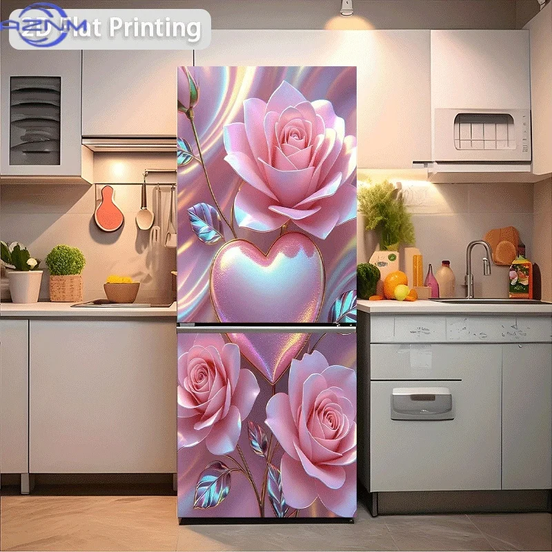 2D Printed Design Refrigerator Sticker Pink Rose and Heart Decorative Pattern Wall Sticker Decorative Wallpaper Self-