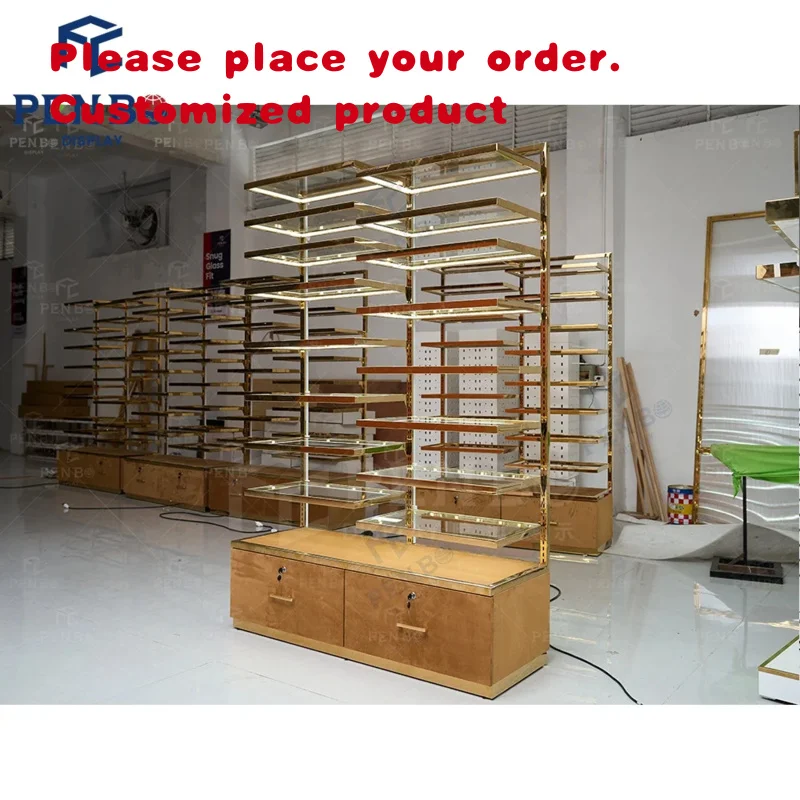 custom.Modern Adjustable Multi - Layer Gold Plating Middle Display Jewelry Cabinet With Glass Shelves Jewelry Stores