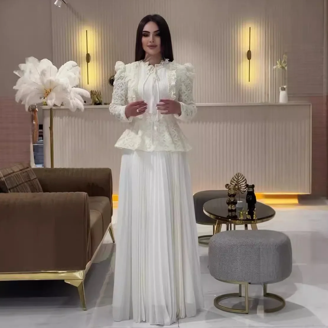 

White V Neck Evening Gowns A Line Ruffles Arabic Lace Robes de Noche Elegant Long Sleeve Women Prom Dress Floor Length