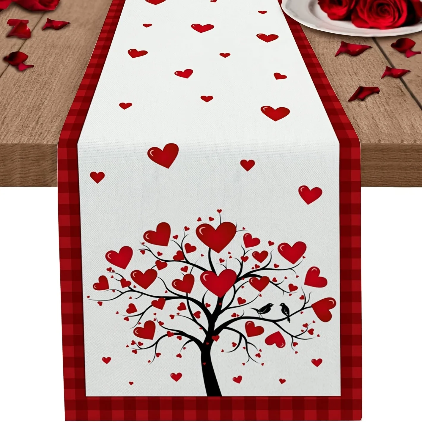 JIT 1pc Red Heart Tree Checkered Polyester Table Runner 2D Flat Print Romantic Home Decor Dining Table Decoration Sweet Charming
