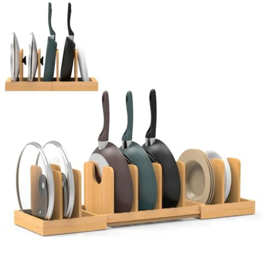 

Органайзер для кастрюль и сковородок под шкаф, расширяемый, бамбуковый, для крышек и посуды, для кухни