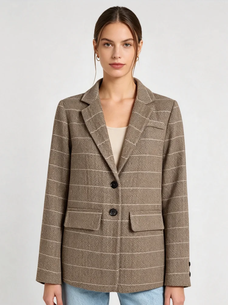 Women's Suit Jacket Checkered Tweed Top Long Sleeved Jacket Loose Casual Office Commuting Women's Jacket
