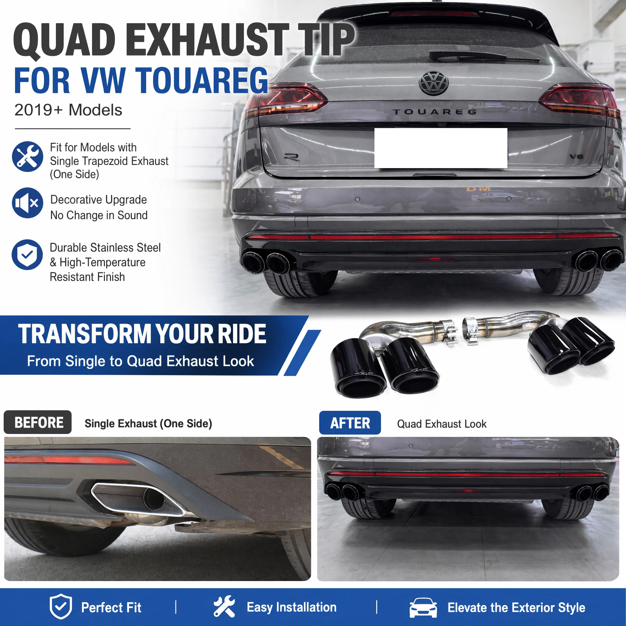 Schwarz/Silber Dekorativer Auspuff-Endrohr für Volkswagen VW Touareg 2019+ V6 3.0T 2.0T Auto-Zubehör GTS Sport-Stil