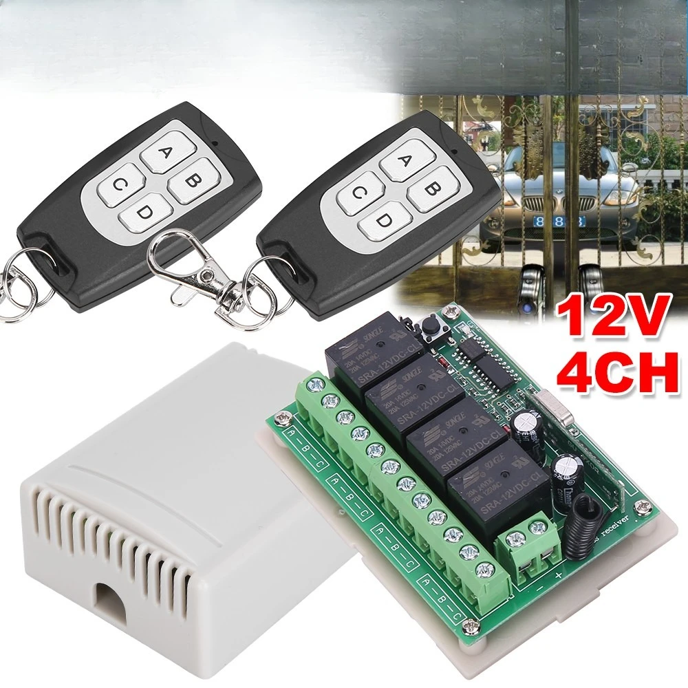 12V 4CH Wireless RF Relay Remote Control Switch 433MHz Garage Gate Door Opener Transmitter Receiver Module For Car Light Motor