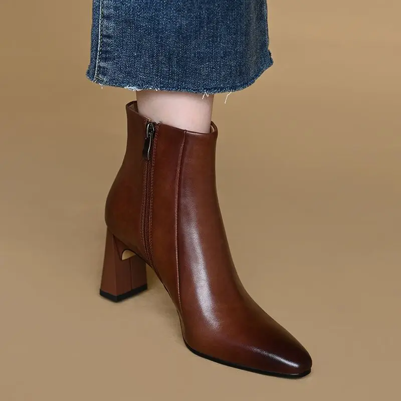 

Side Zippers Elegant Women Shoes Modern Modern Ladies Shoes Sexy High Heel 7CM Cowhide Winter Boots Pointed Toe Ankle Boots