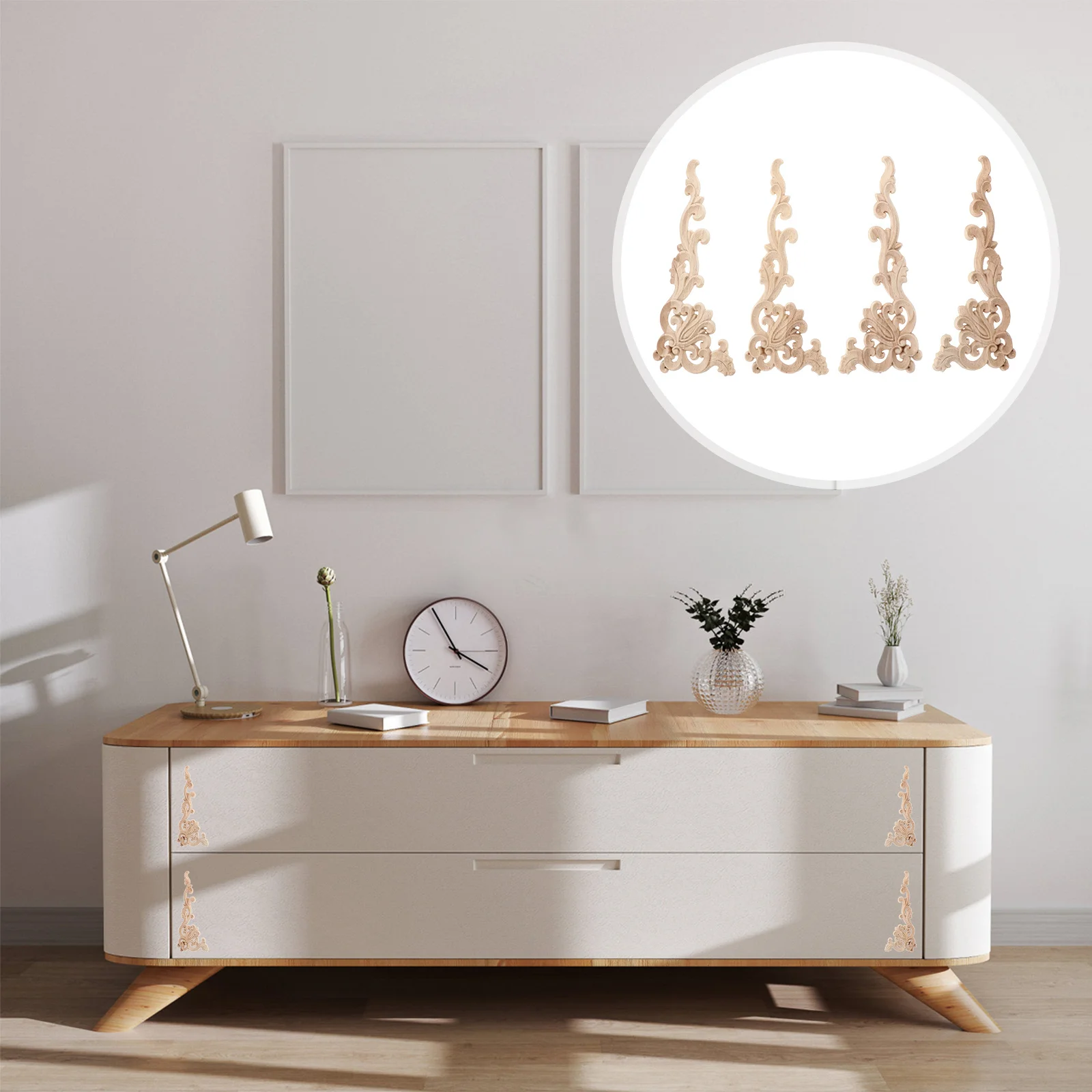 

4Pcs Wood Carved Onlay Unpainted Frame Wooden Applique Furniture Door Wall Cabinet Decor Wooden Carved Onlay Unpainted Frame