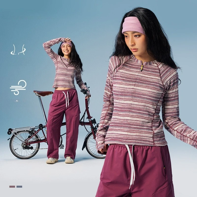 Women's Lightweight Tencel-Cotton Blend Long Sleeve Shirt – Breathable Striped Stand-Collared Top for Hiking Outdoor Activities