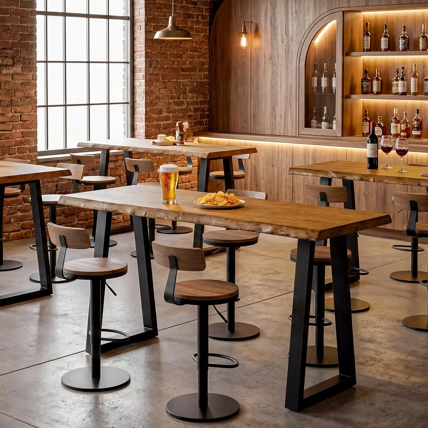 63” Solid Wood Bar Table, Commercial Grade Counter Height Table with Metal Legs, Heavy Duty Long Pub Table for Restaurant