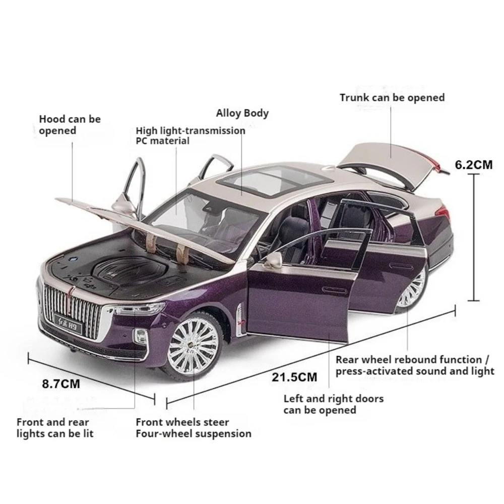1:24 Toy HONGQI E-HS9 H9 Car Models Diecast Metal Shock Absorption Doors Opened Pull Back Sound Light Christmas Gifts for Kids