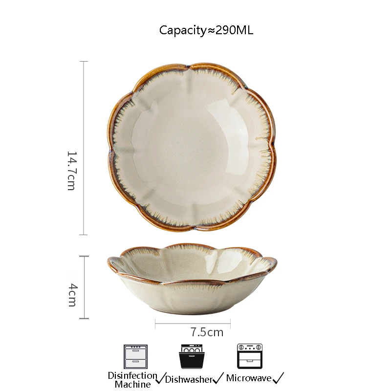 Vintage 6inches Floral Shape Ceramic Bowl Glossy Solid Household Salad Fruit Porcelain Bowls Creative Dessert Serving Tableware