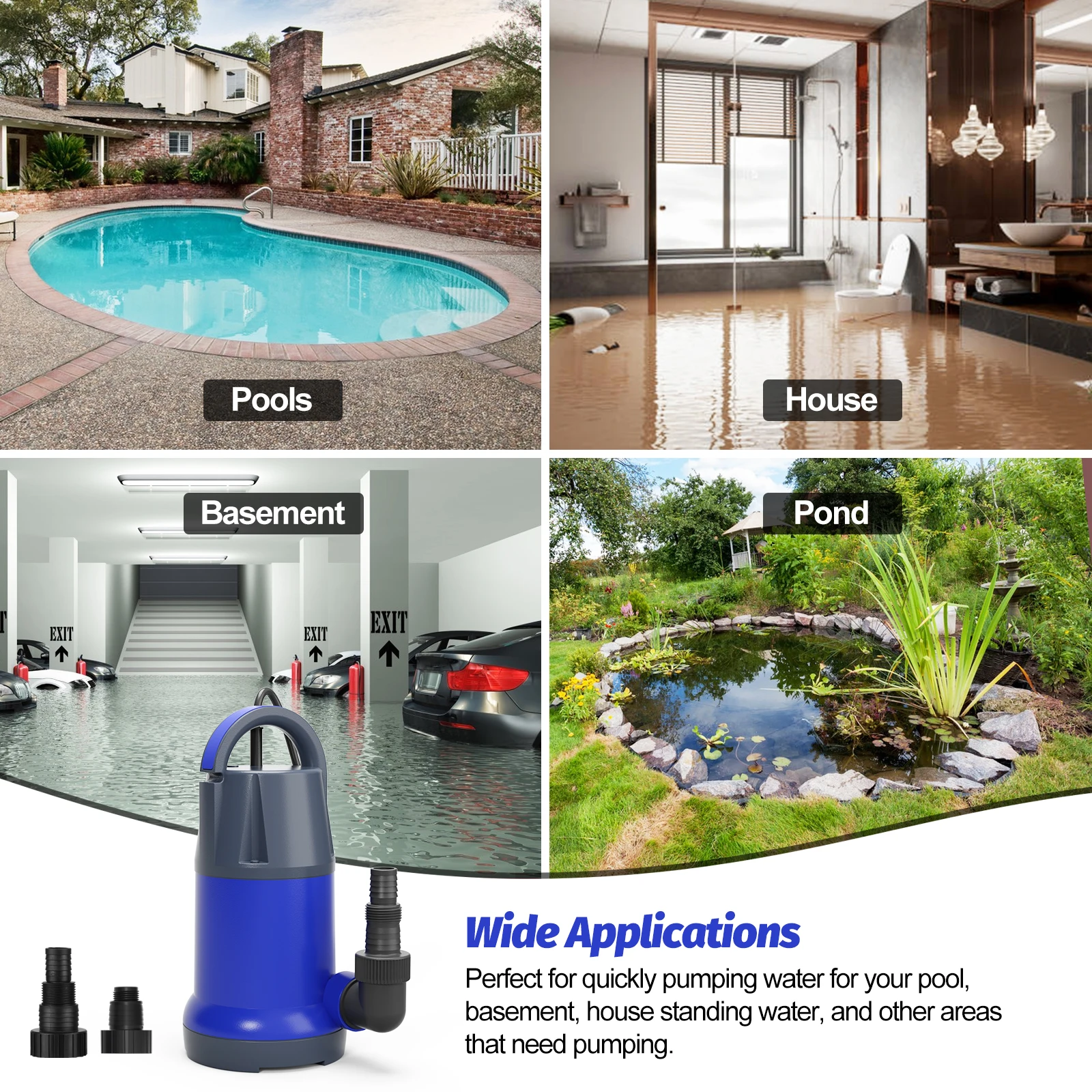 Sump Pump Submersible 1HP 4500 GPH Sump Pump Utility Water Pump Portable Transfer Electric Water Sump Pumps for Swimming Pool