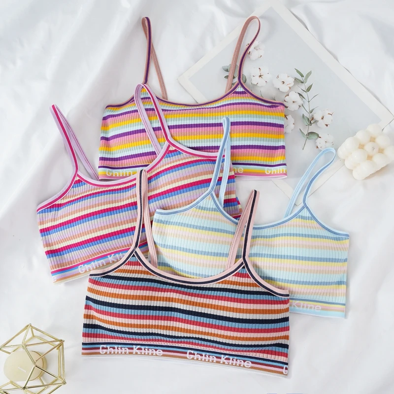 Girls Striped Underwear Spaghetti Straps Without Steel Ring Small Vest Soft And Comfortable Mesh Breathable Teenage Clothing