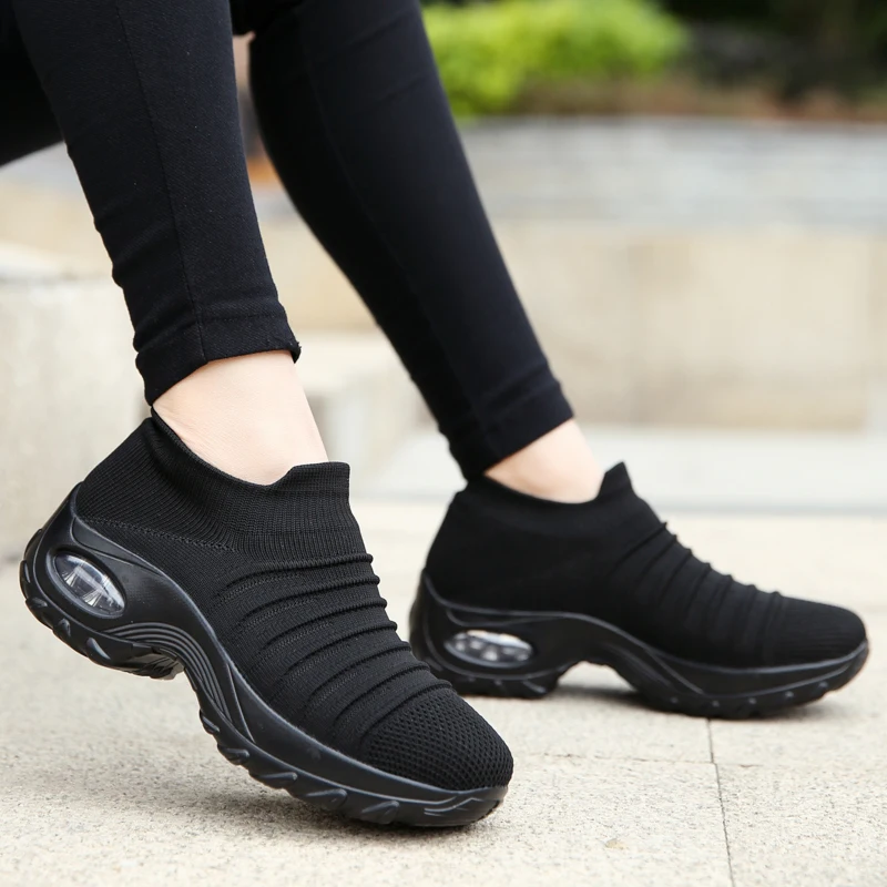 Ultra Light Sock Shoes Slip on Sneakers for Women Air Cushion Size 11 Arch Support Lady Casual Walking Shoes Black Sport Shoes